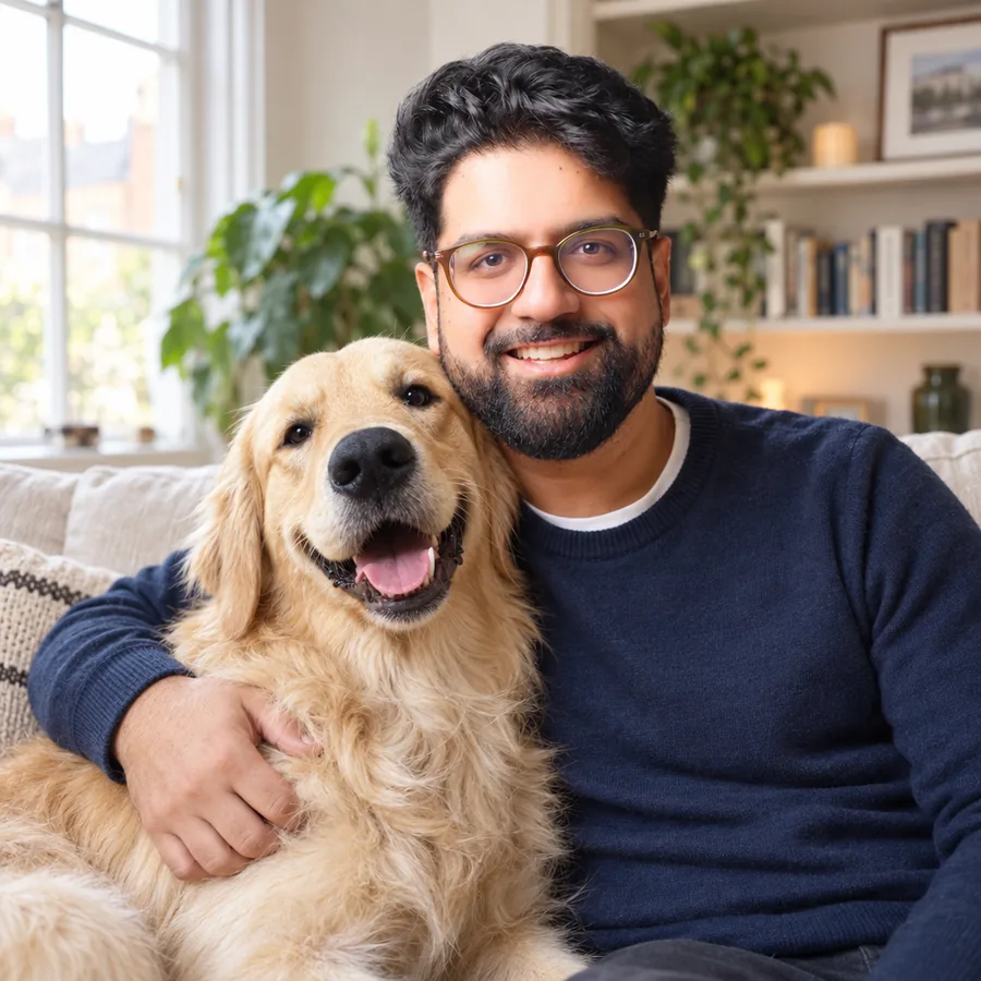 Rav Sawhney on the sofa with his arm around his golden retriever Albus