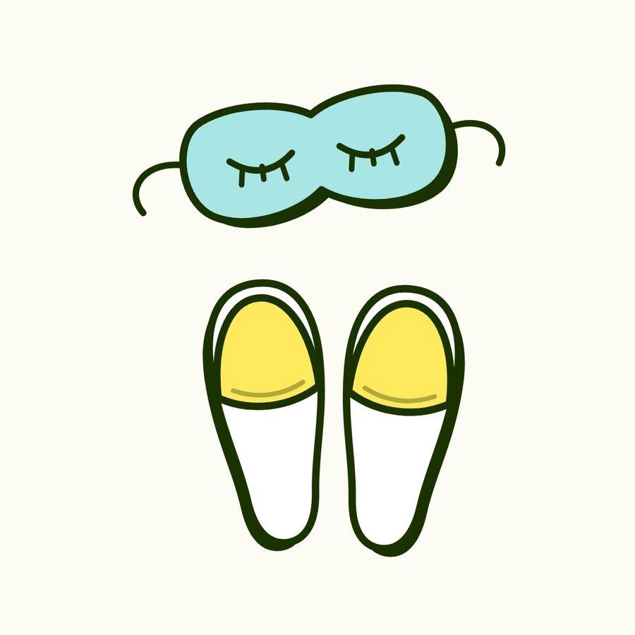 A simple drawing of a sleep mask taken off, above a pair of slippers
