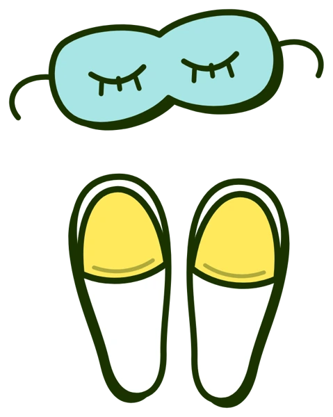 A simple drawing of a sleep mask taken off, above a pair of slippers