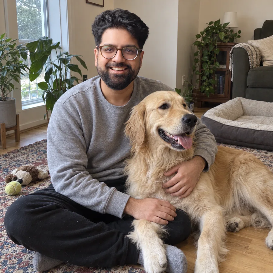 Rav Sawhney sitting cross-legged on the living room floor, laughing, with his arm around his golden retriever Albus