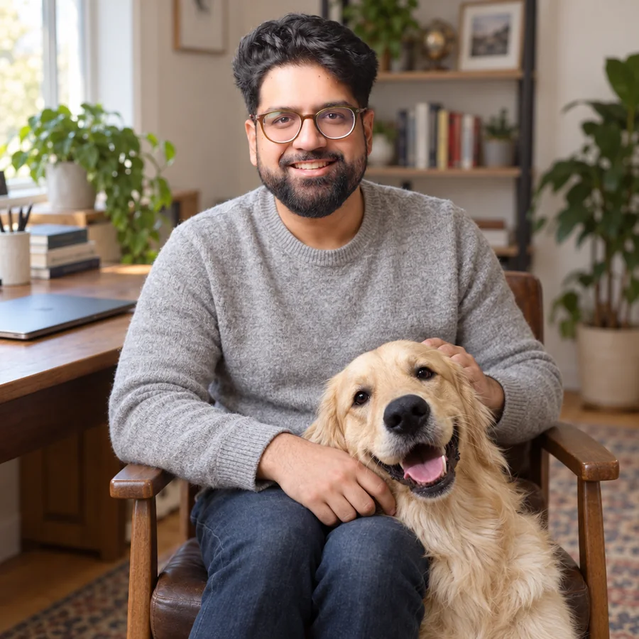 Rav Sawhney smiling in his home office with his golden retriever Albus
