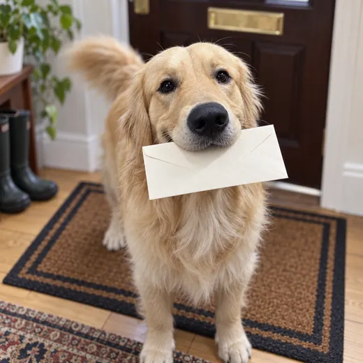 Albus the golden retriever carrying an envelope in his mouth