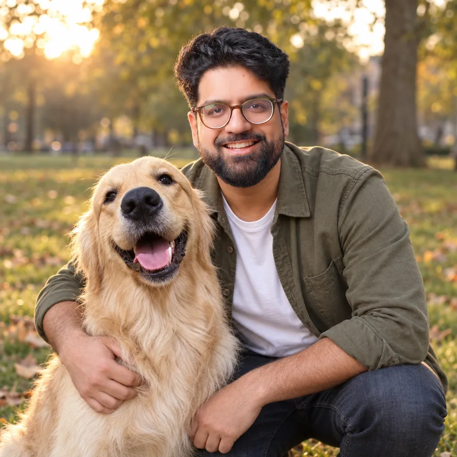 Rav Sawhney crouching in a sunny park with his golden retriever Albus